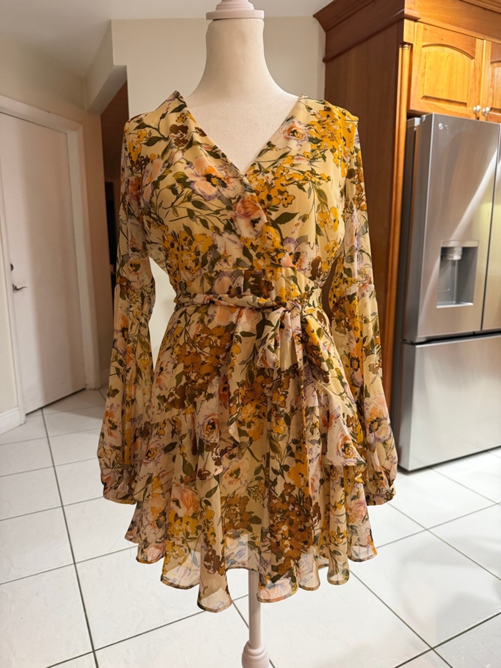 Luxxel Yellow Floral Wrap Long-Sleeve Ruffle Mini Dress